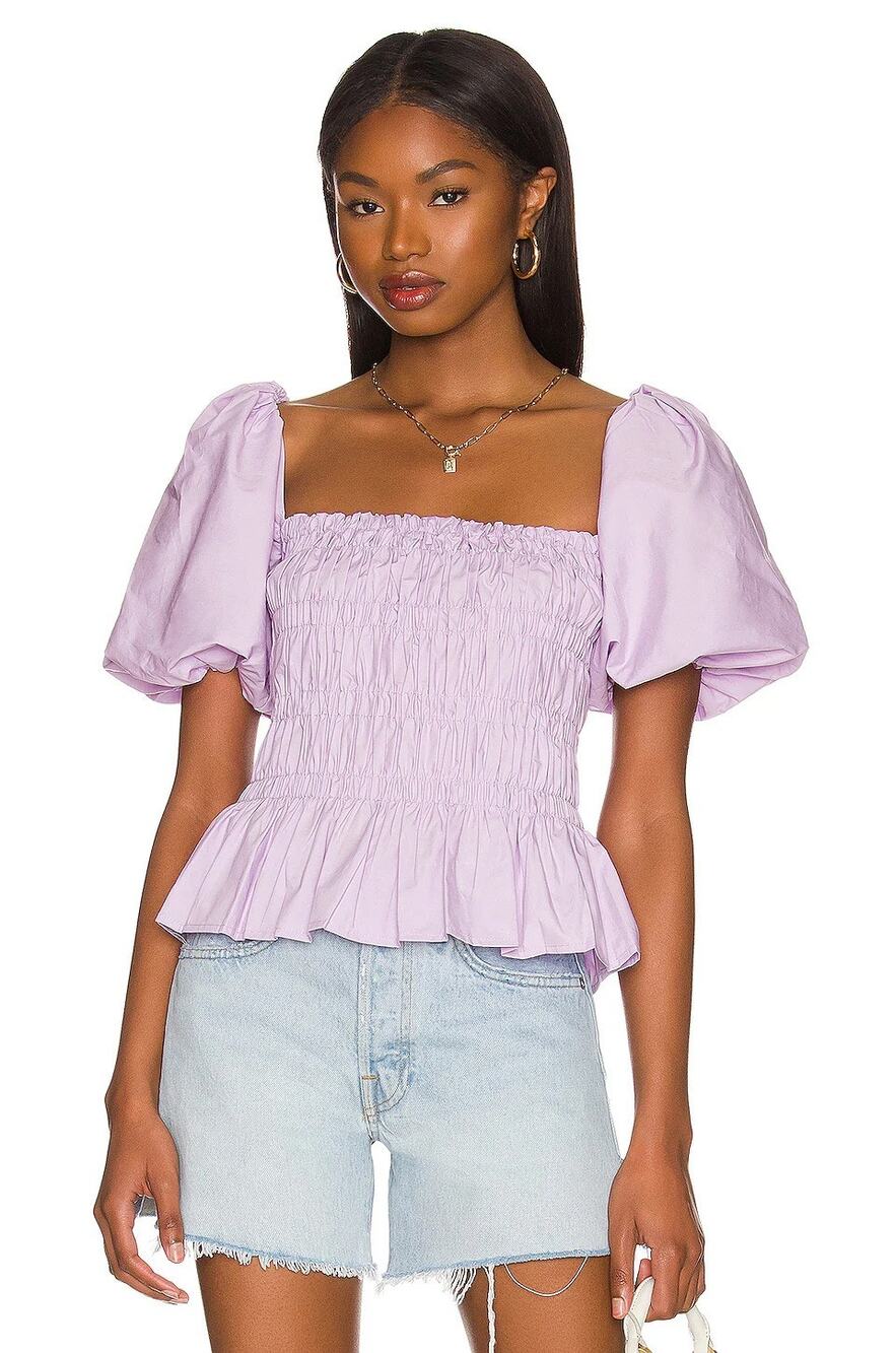 NEW ASTR The Label Savina Lavender Cotton Smocked Puff Sleeve Summer Top L